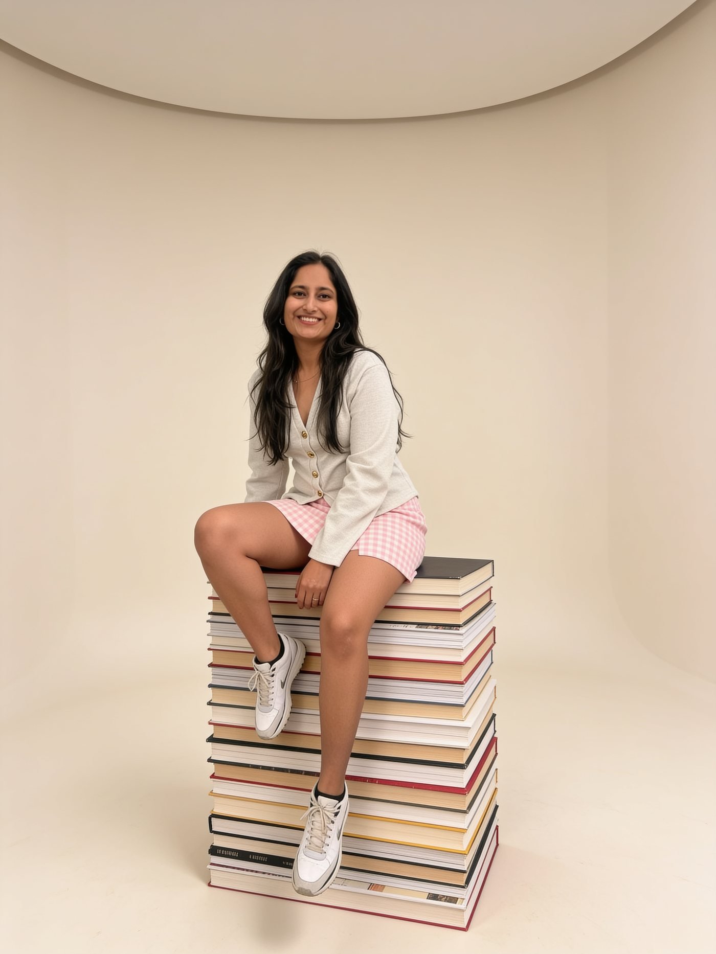 Aashi sitting on a stack of books in the MarketryPro studio
